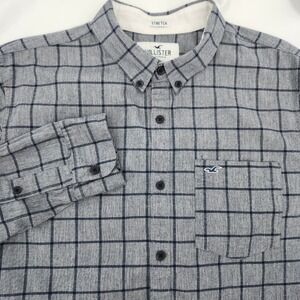 Hollister Gray Navy Plaid Epic Flex Button Down Shirt Mens XL Stretch Preppy